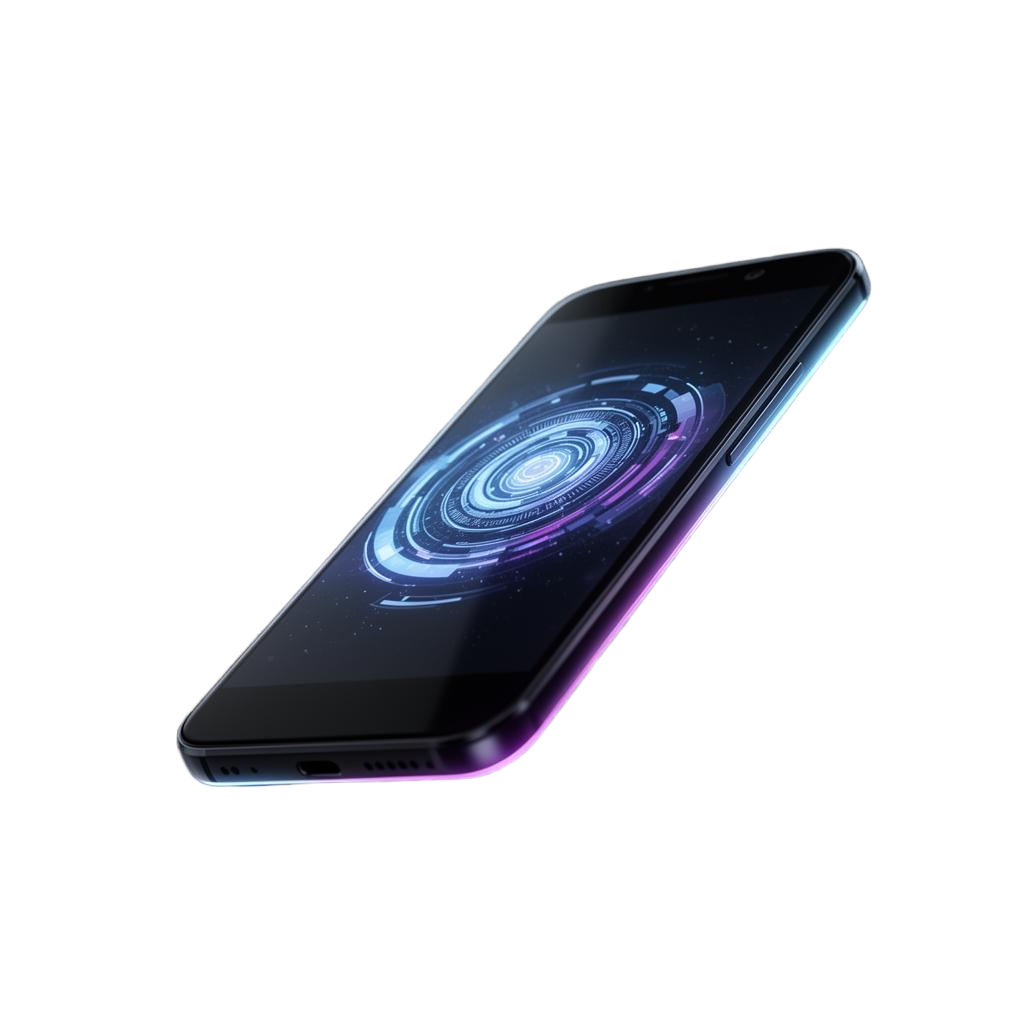Floating Android smartphone with holographic UI